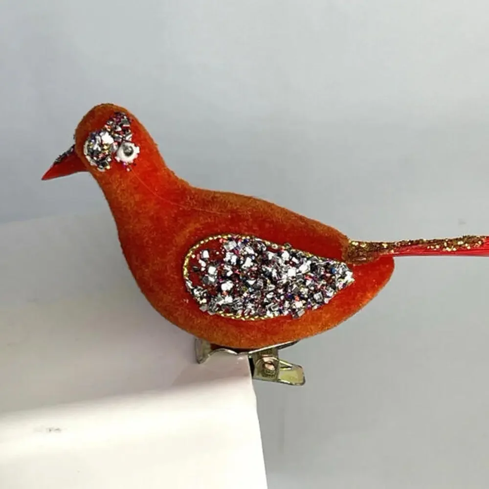 Vintage Flocked Glitter Long Tail Bird Clip On‎ Christmas Ornaments Orange White